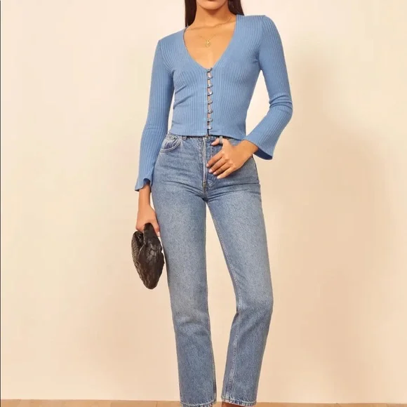 Reformation Blue Ribbed Button-Up Top - Picture 3 of 4